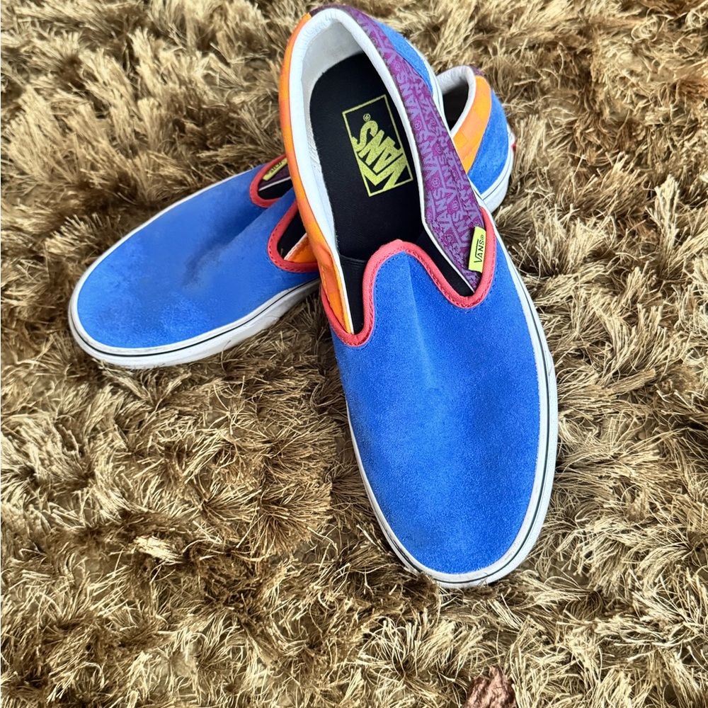 Vans Slip-On Sneakers in Blue with Orange, Purple, and Pink Accents